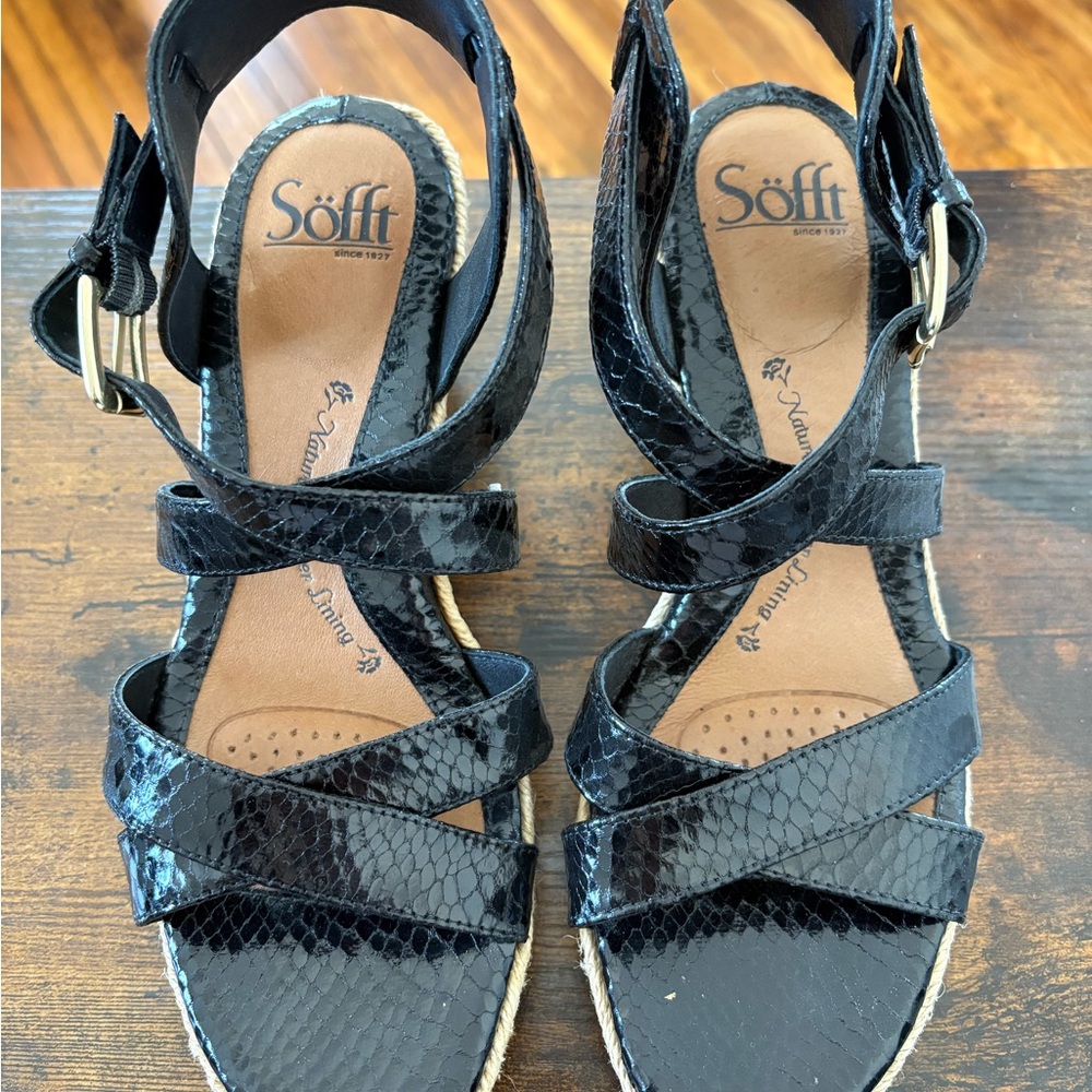 Söfft Black Snakeskin-Strap Wedge Sandals
